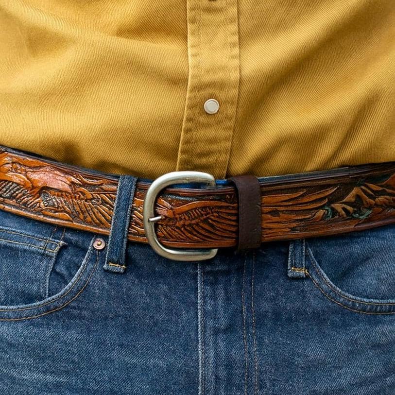 Tooled Eagle Leather Belt Strap
