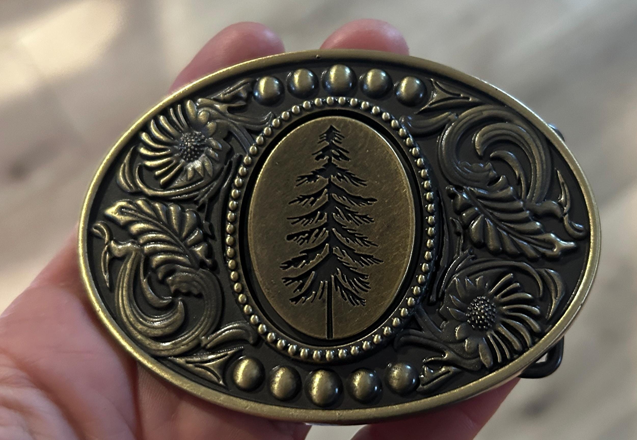 Engraved Pine Tree Belt Buckle