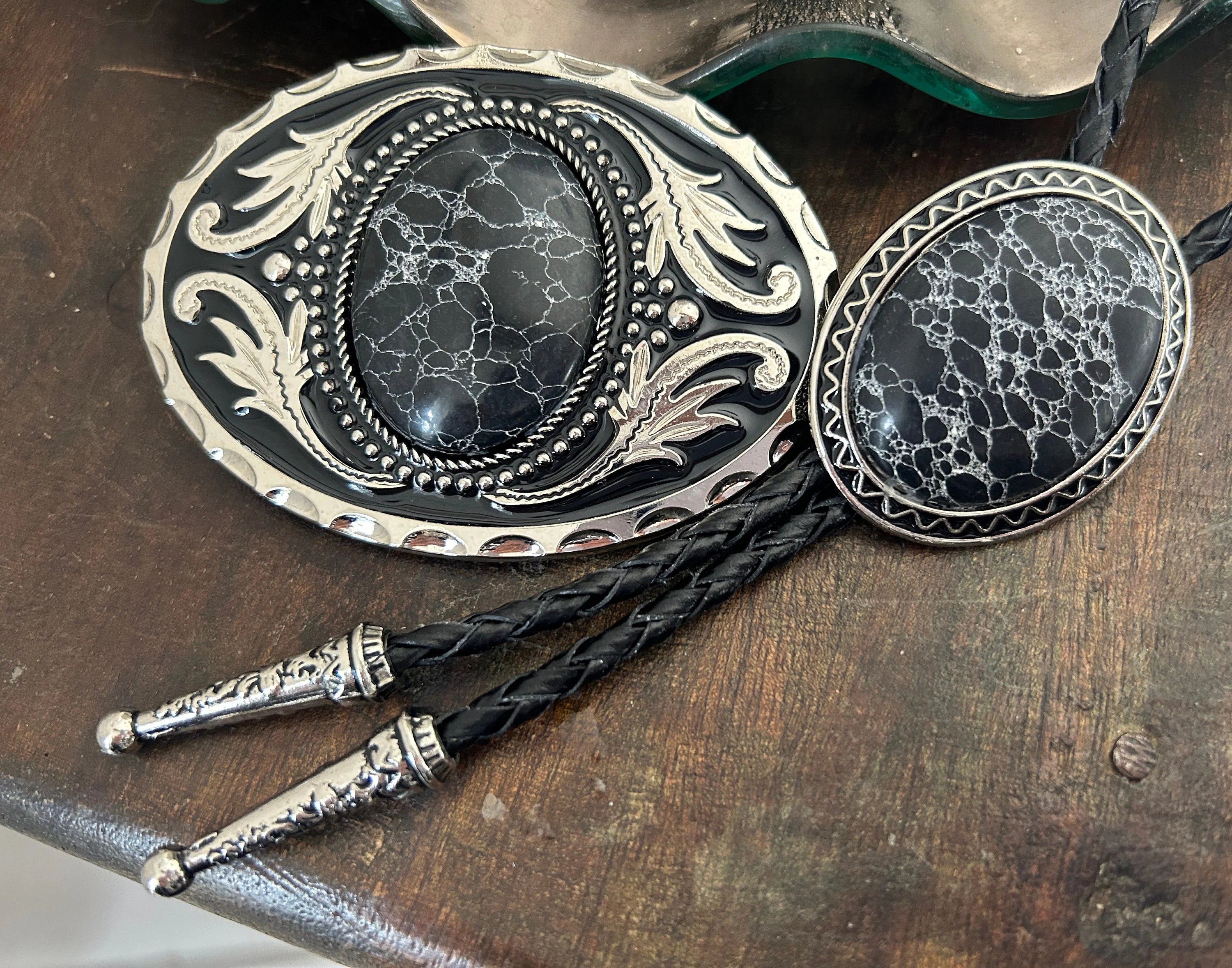 Black Stone Buckle/Bolo Set