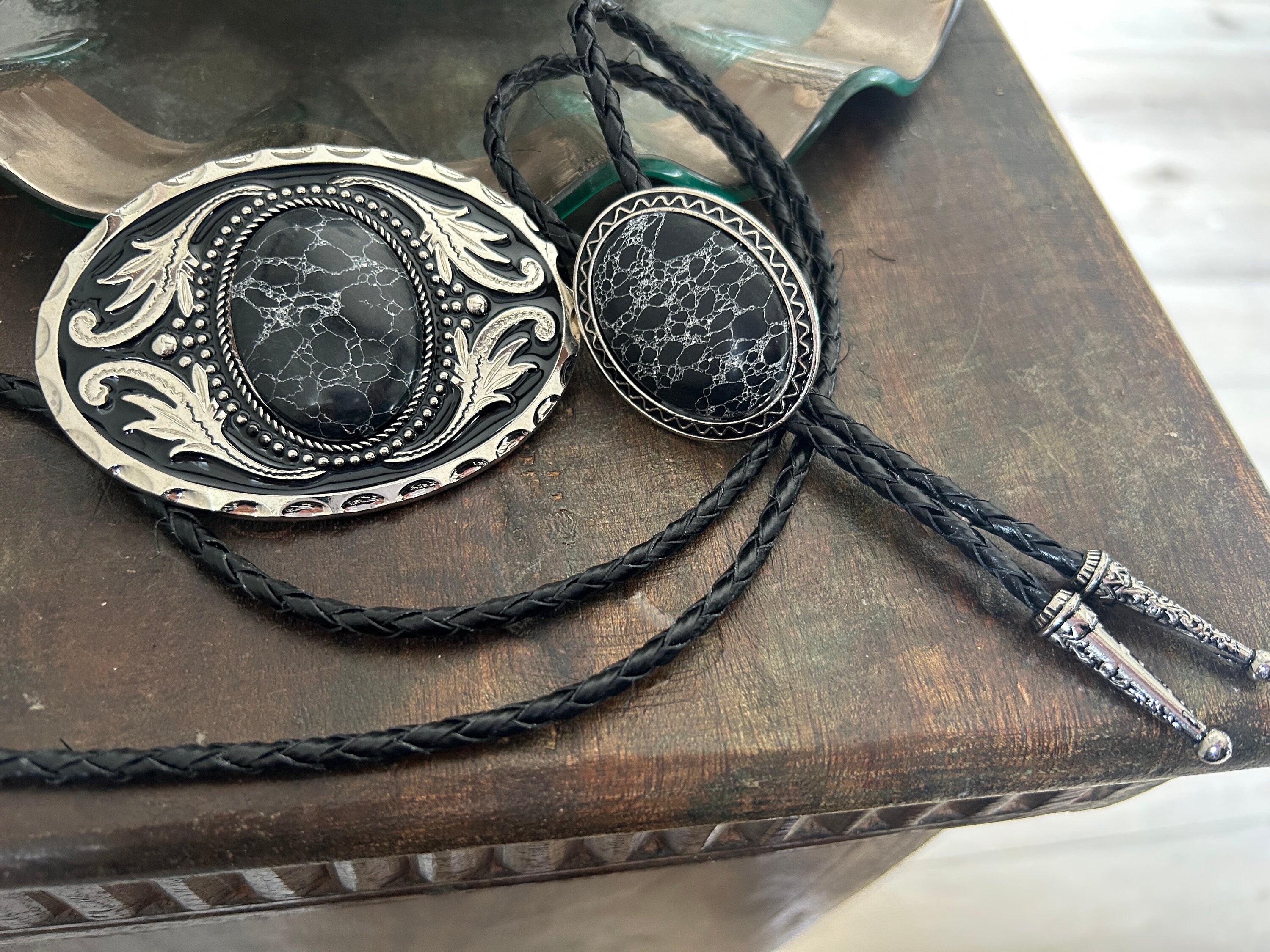 Black Stone Buckle/Bolo Set