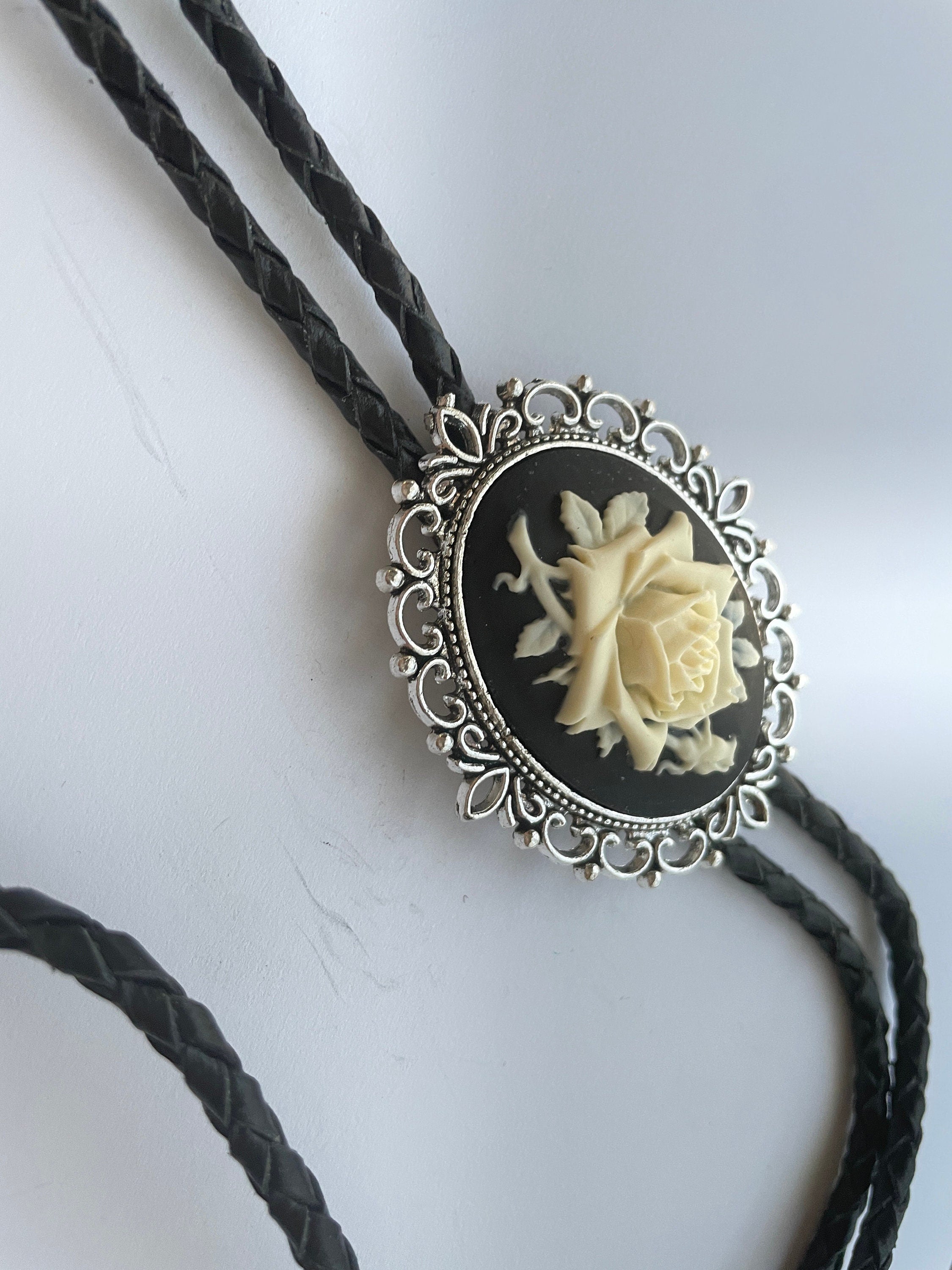 Black/White Rose Bolo Tie