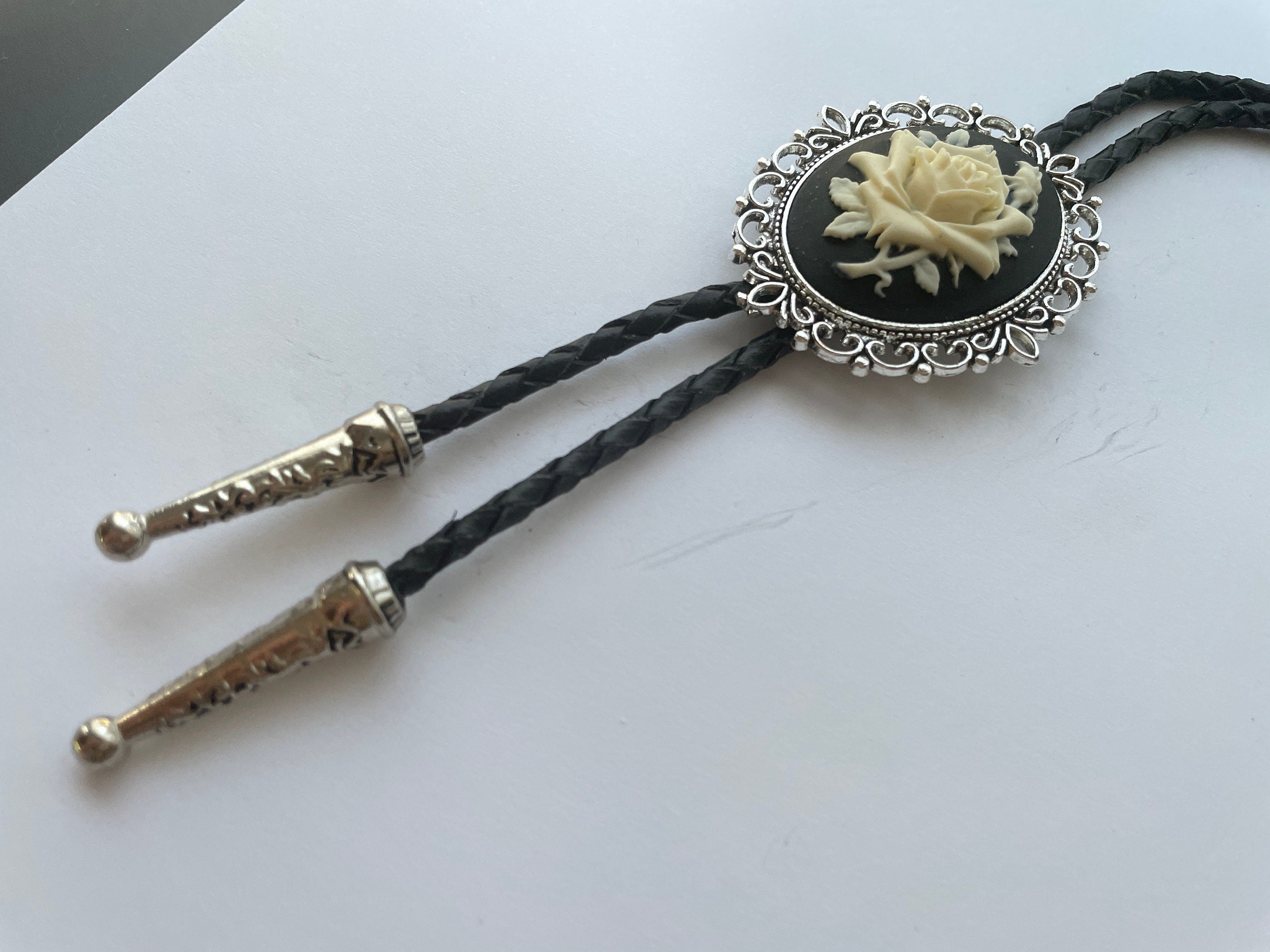 Black/White Rose Bolo Tie