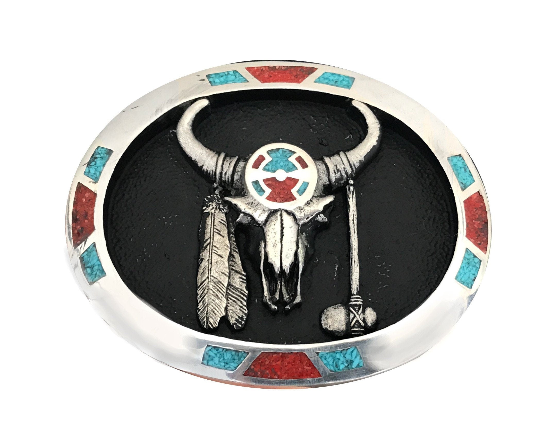 Turquoise & Coral Steer Skull Belt Buckle