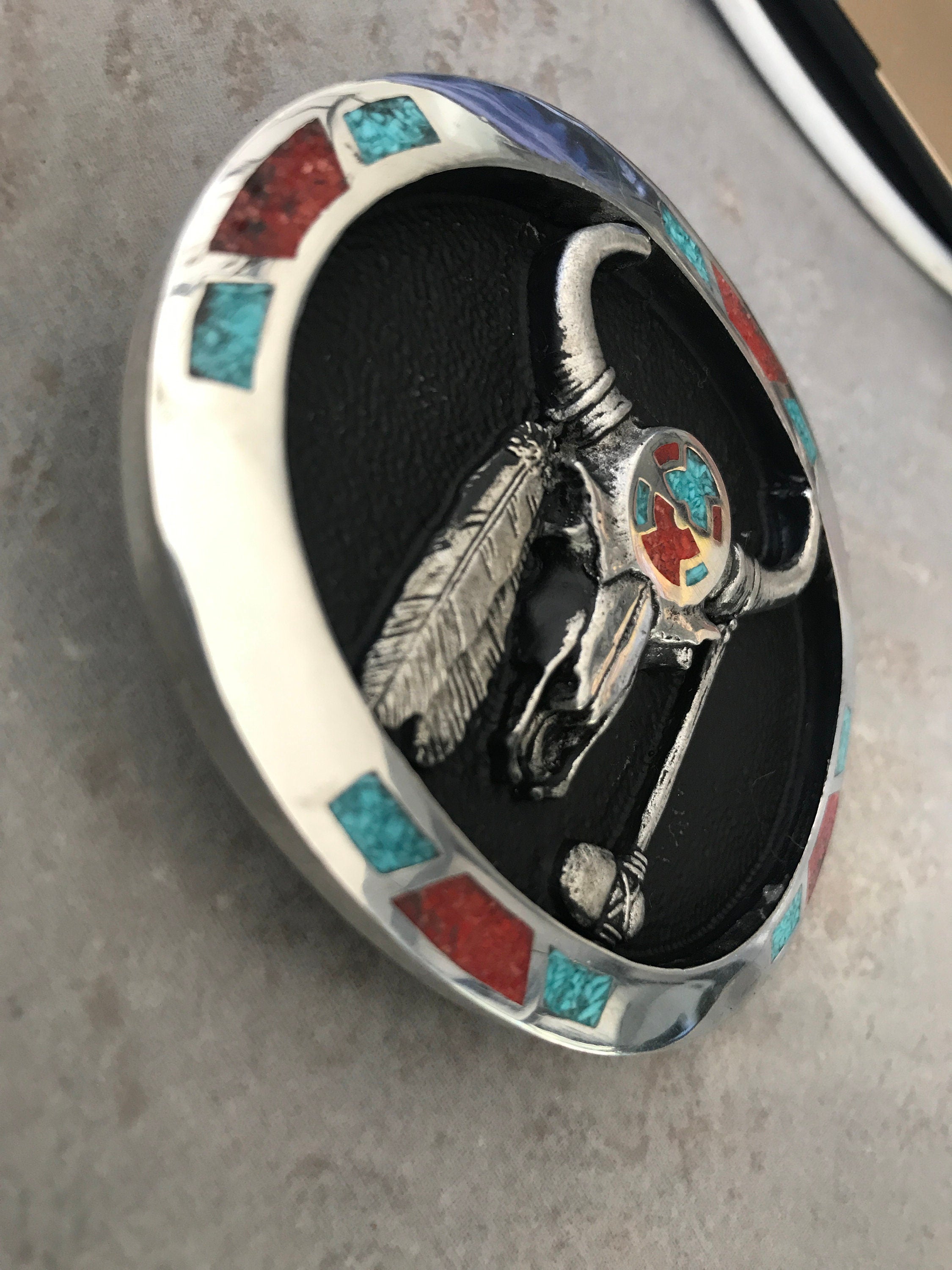 Turquoise & Coral Steer Skull Belt Buckle