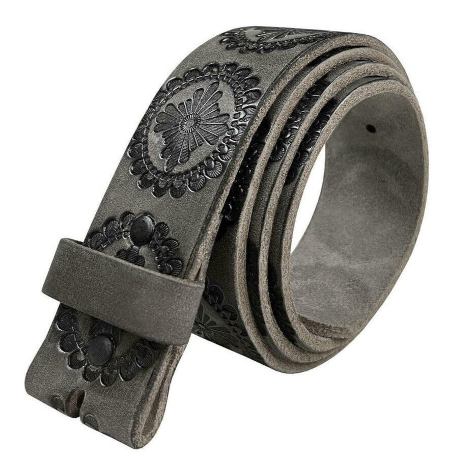 1.5'' Wide Grey Tooled Leather Belt Strap