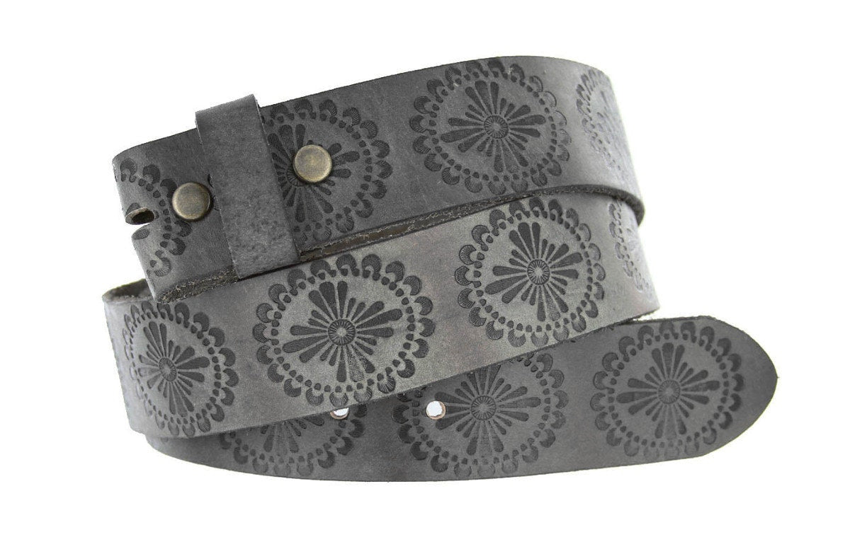 1.5'' Wide Grey Tooled Leather Belt Strap