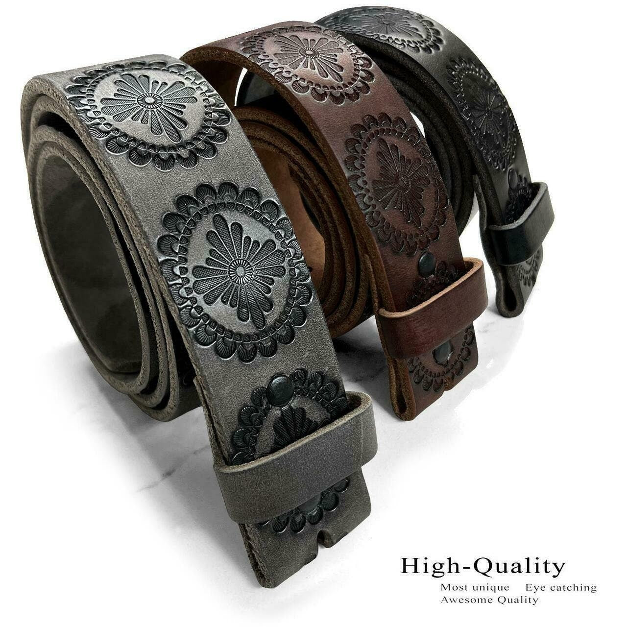 1.5'' Wide Grey Tooled Leather Belt Strap
