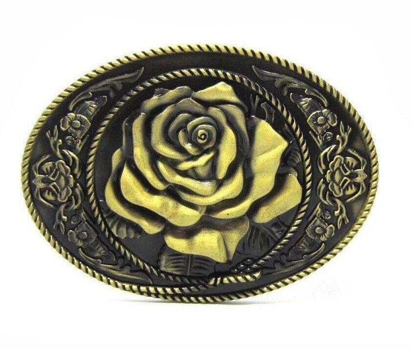 Western Rose Belt Buckle - Brass or Silver