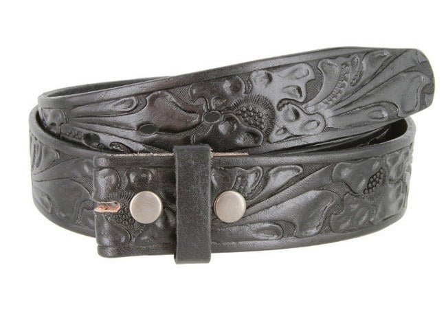 1.5'' Wide Black Tooled Leather Belt Strap