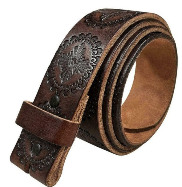1.5'' Wide Tooled Dark Brown Leather Snap Belt Strap