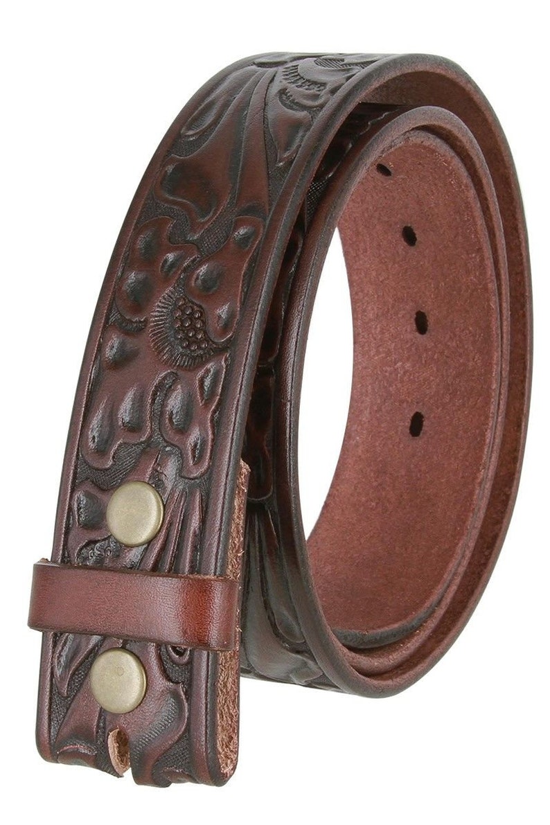 1.5'' Dark Brown Tooled Leather Belt Strap