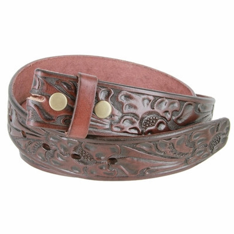 1.5'' Dark Brown Tooled Leather Belt Strap