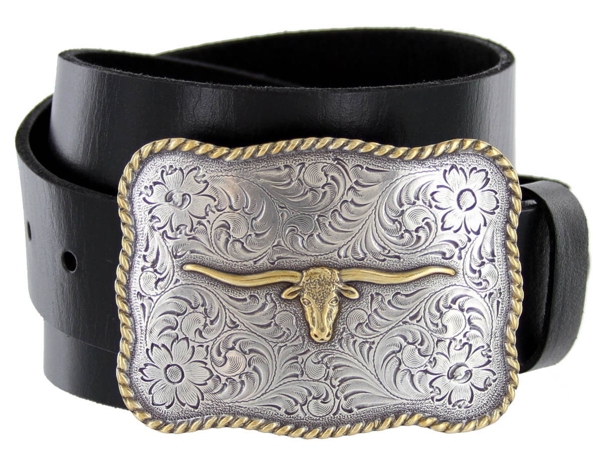 Black Genuine Leather Belt - Golden Longhorn Bull - Western - Snap on Buckle - Engraved Silver Riding Style Trophy Cowboy Cowgirl
