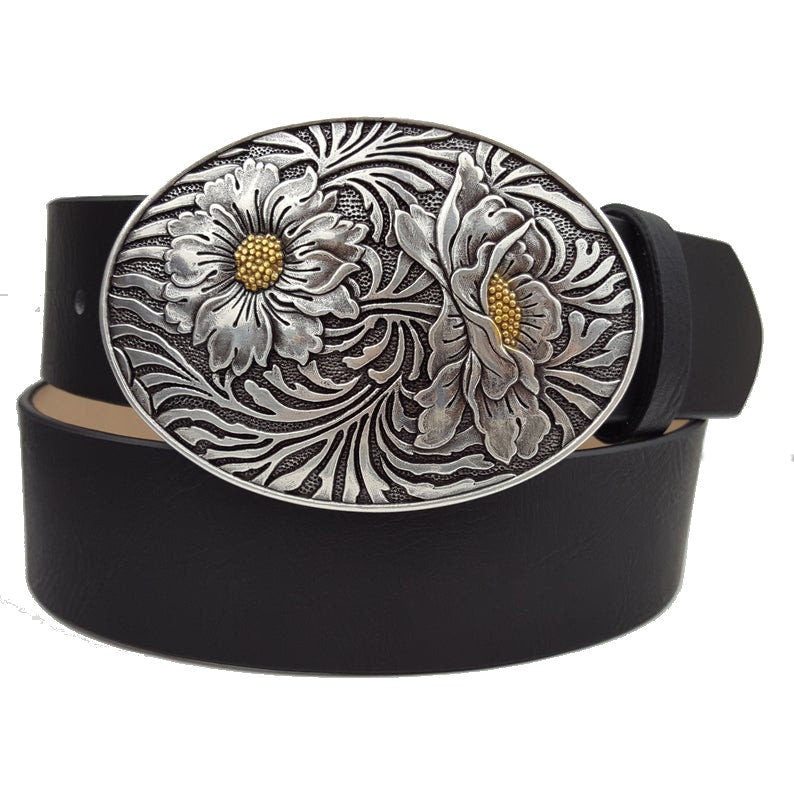 Vegan Black Belt with Sunflower Buckle