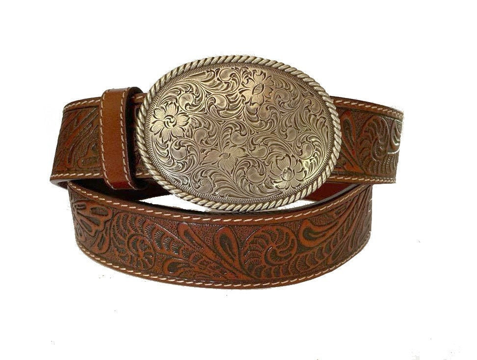 Tooled Brown Leather Belt - Oval Buckle