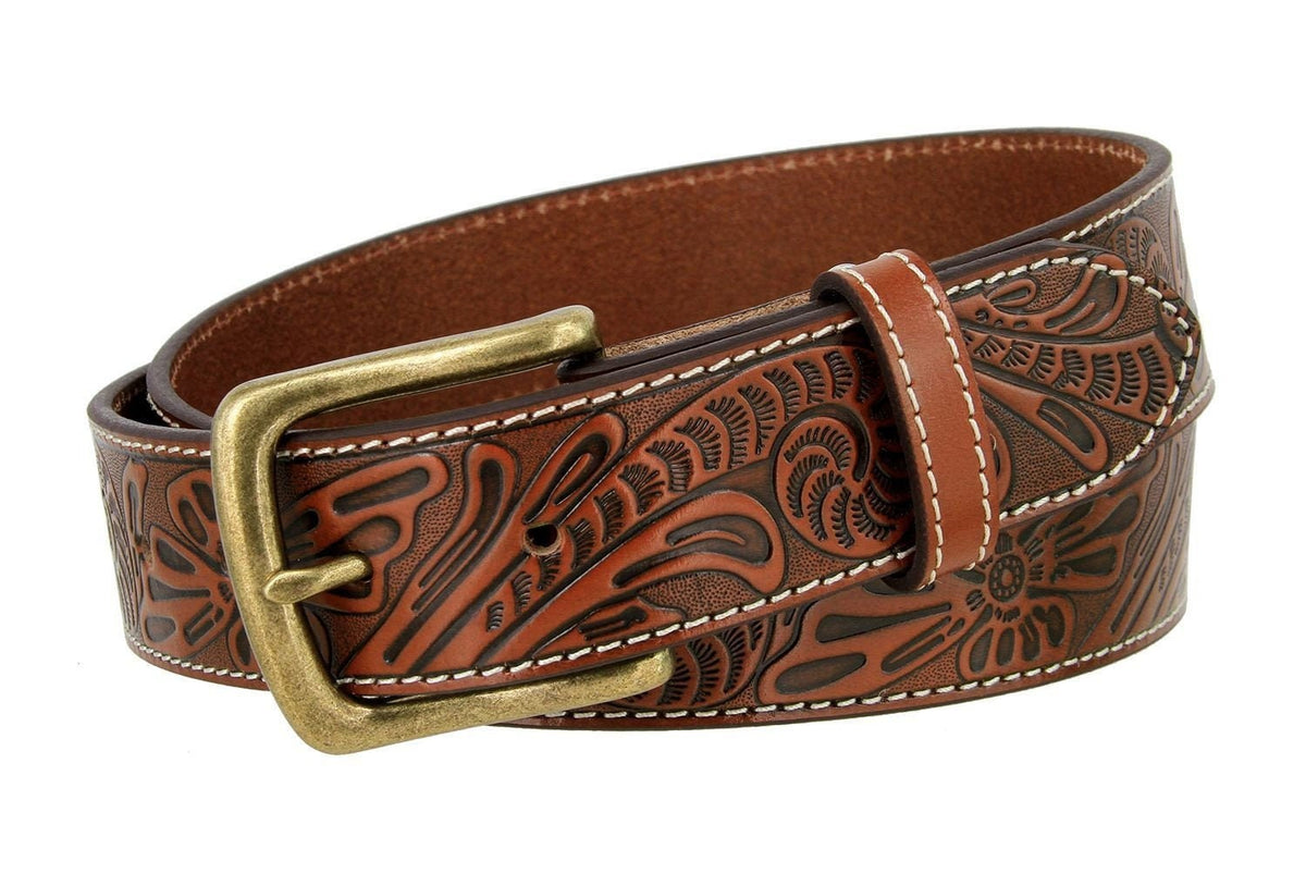 Broomfield Colorado 1975 Heavy Brass Buckle Brown Tooled Leather Belt Size S Vintage Brown Thick Leather Belt With Braided Insert and  main image 2