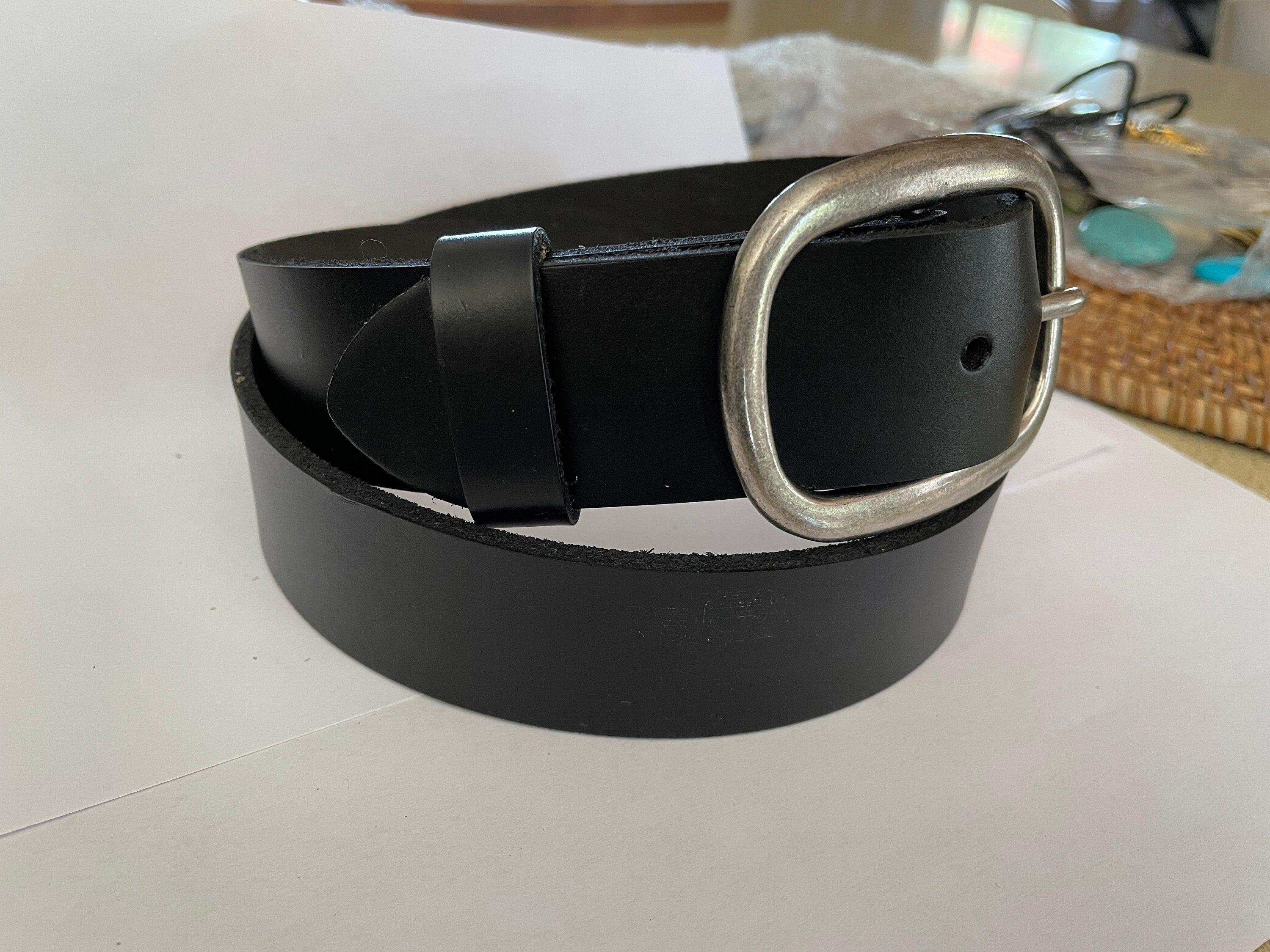 Black Leather Belt with Silver Oval Buckle