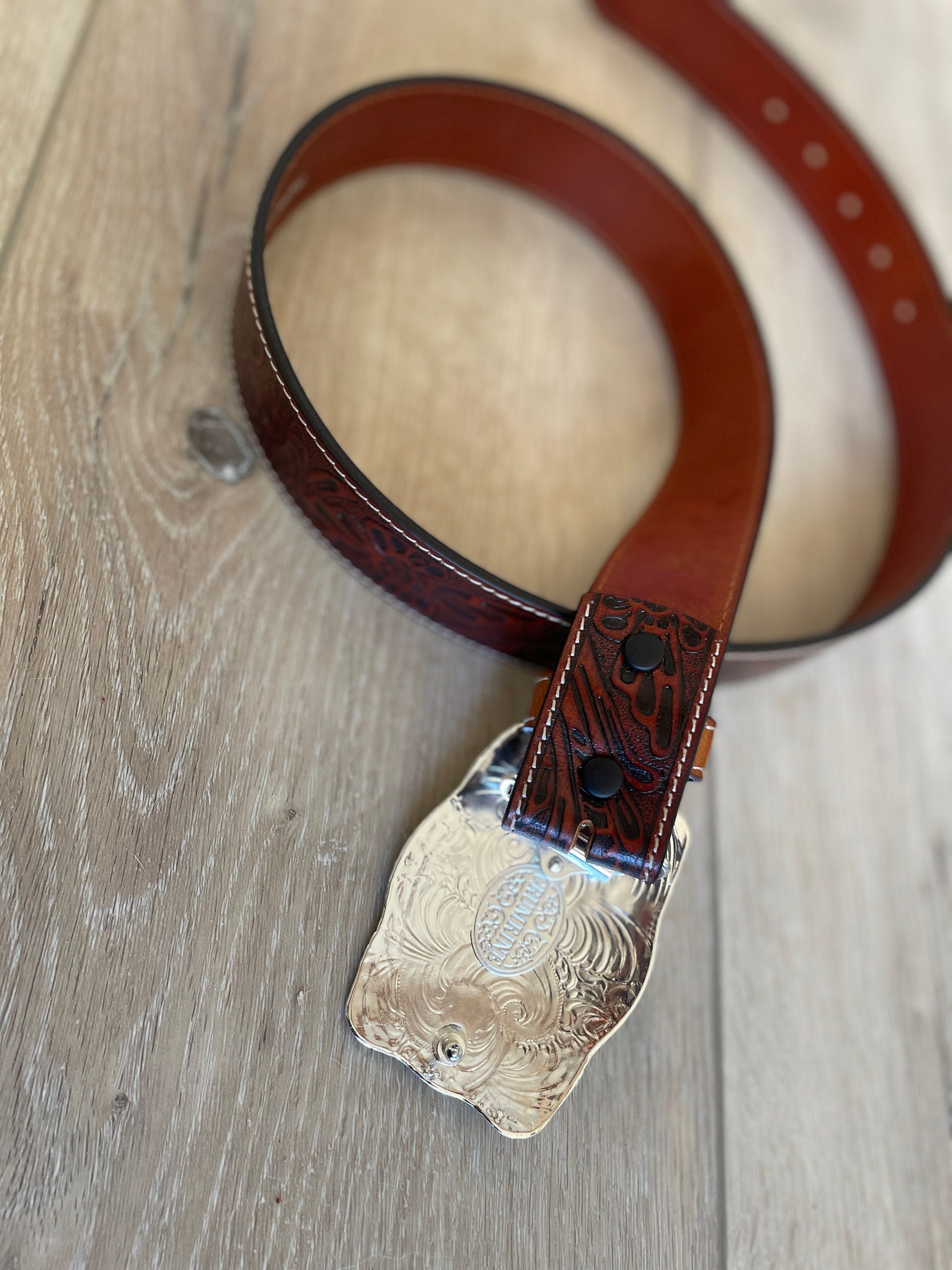 Buffalo Buckle Tooled Brown Leather Belt