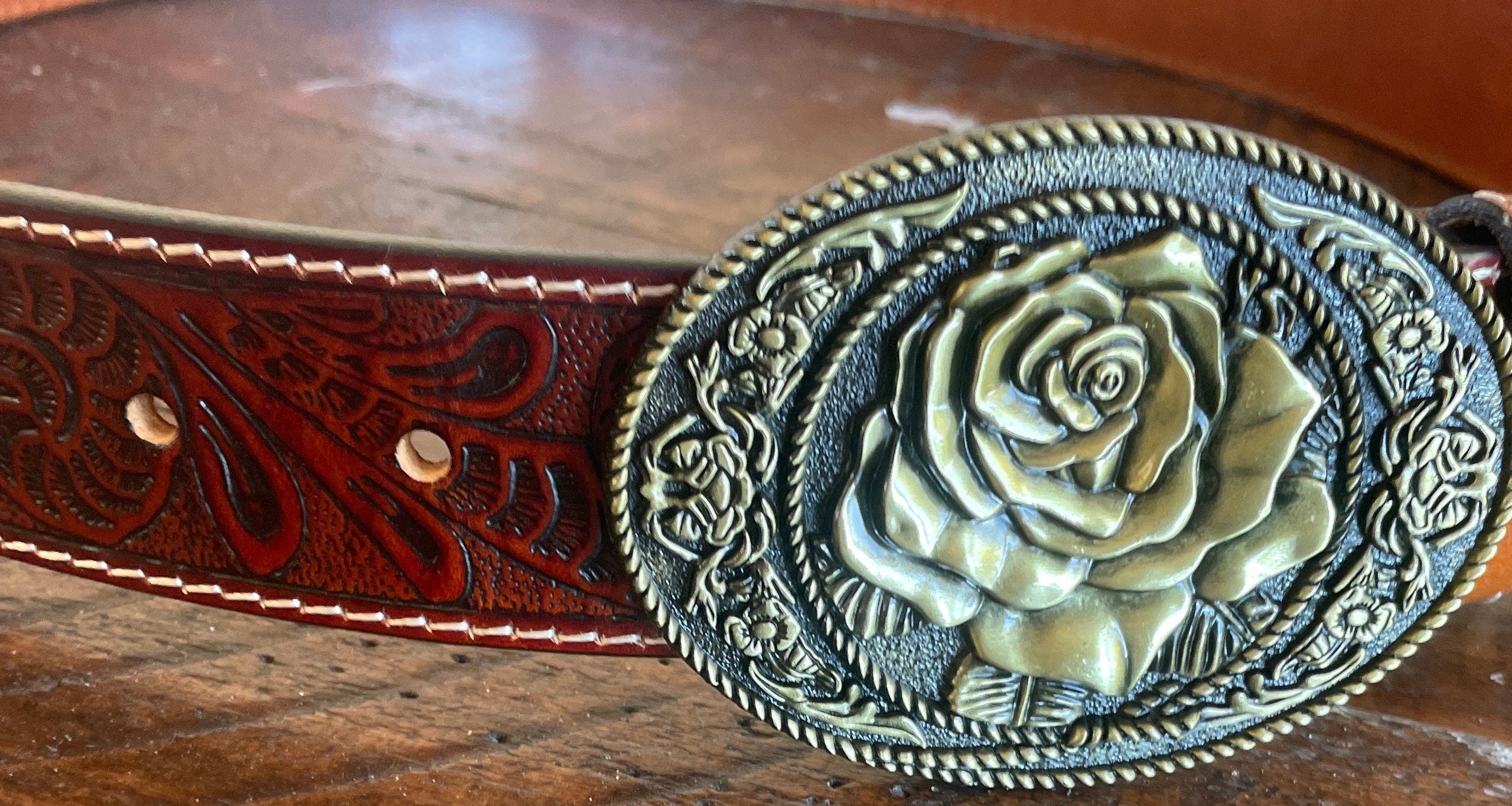 Rose Buckle Tooled Leather Belt