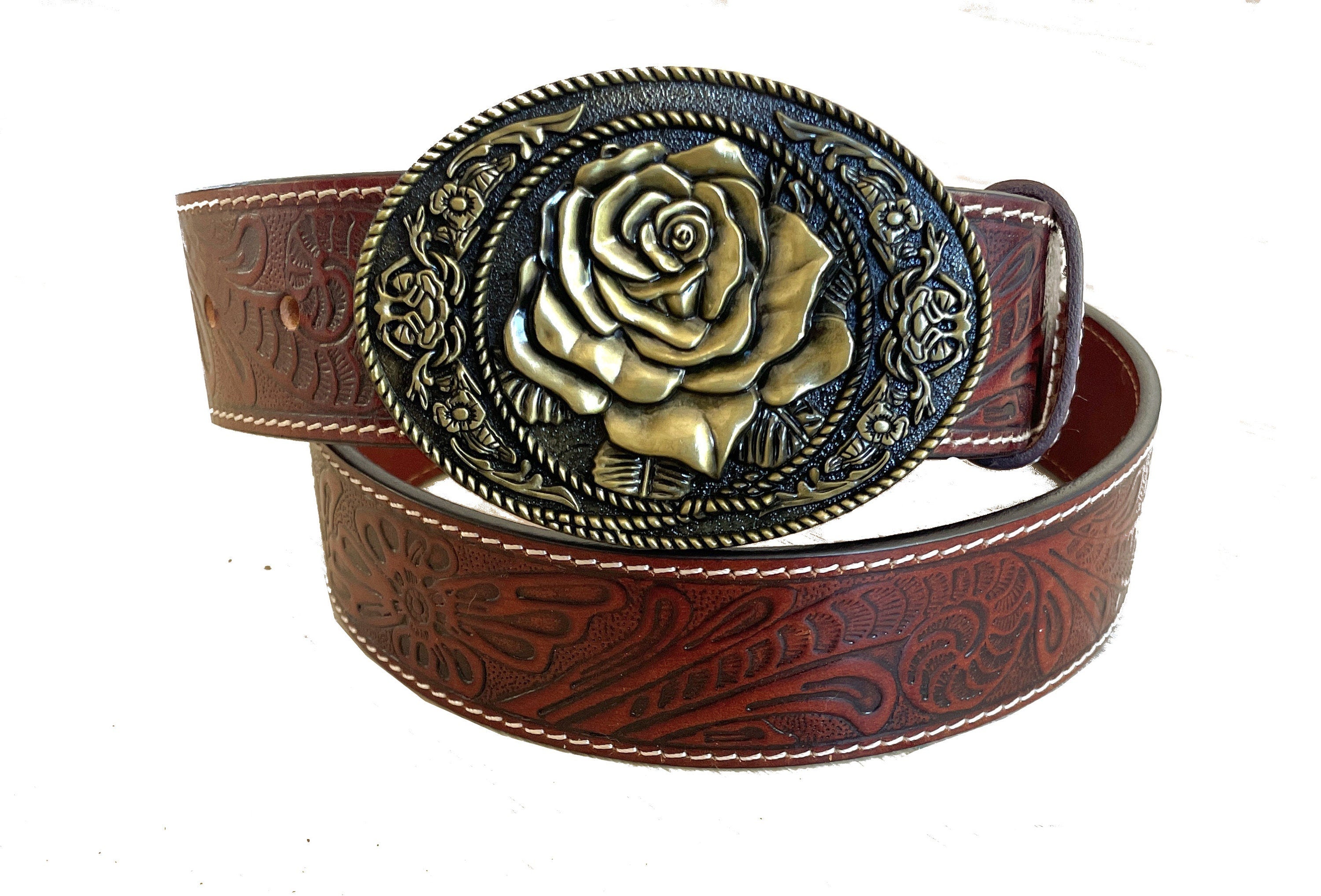 Rose Buckle Tooled Leather Belt