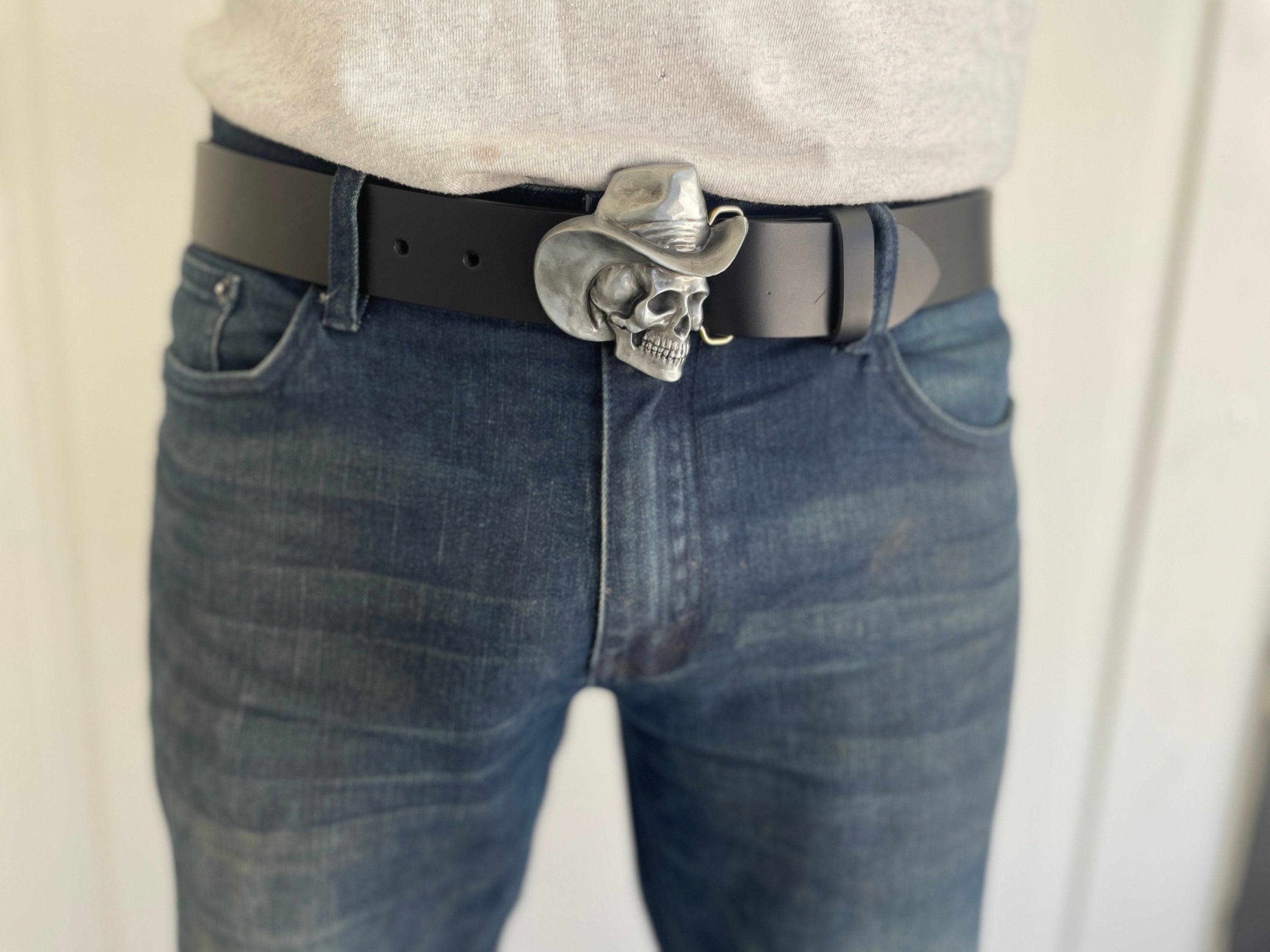 Silver Skeleton Cowboy Black Genuine Leather Belt