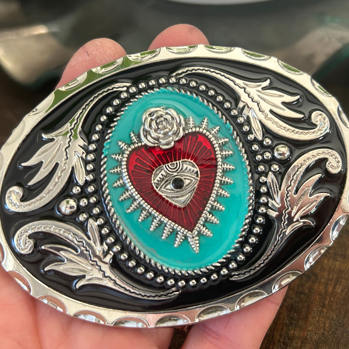 Beautiful Brass Jasper/Turquoise Heart Inlay Design Belt/Scarf Buckle Slide Sacred Heart Belt Buckle: Valentines Day Turquoise, Crown  main image 4