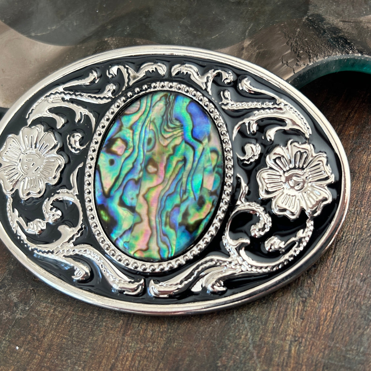 CHARMANT BELTS INC Pink Abalone Inlay Design Belt Buckle Scarf Slide? Pink belt- brass rollo buckle – Imrie Industries main image 2