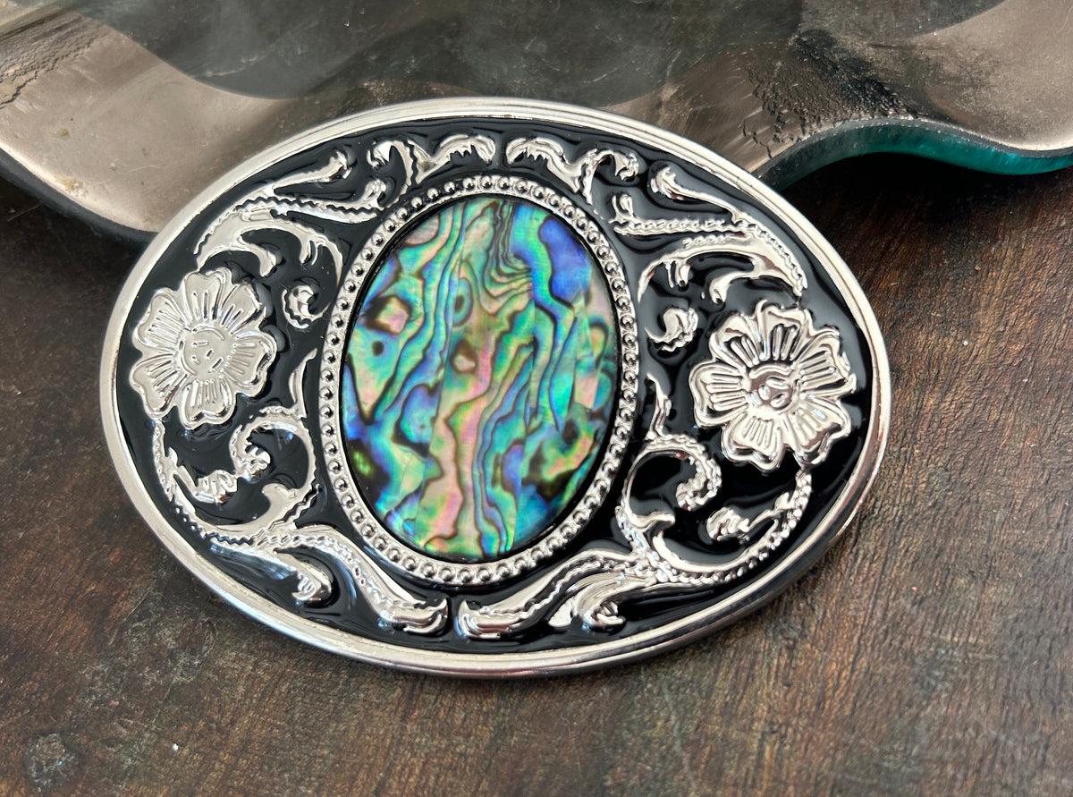 Vintage abalone Elegant Shell Belt OS CAN FIT 28” - 44” Al Beres 80s Black Reptile Western Belt with Abalone Buckle  main image 4
