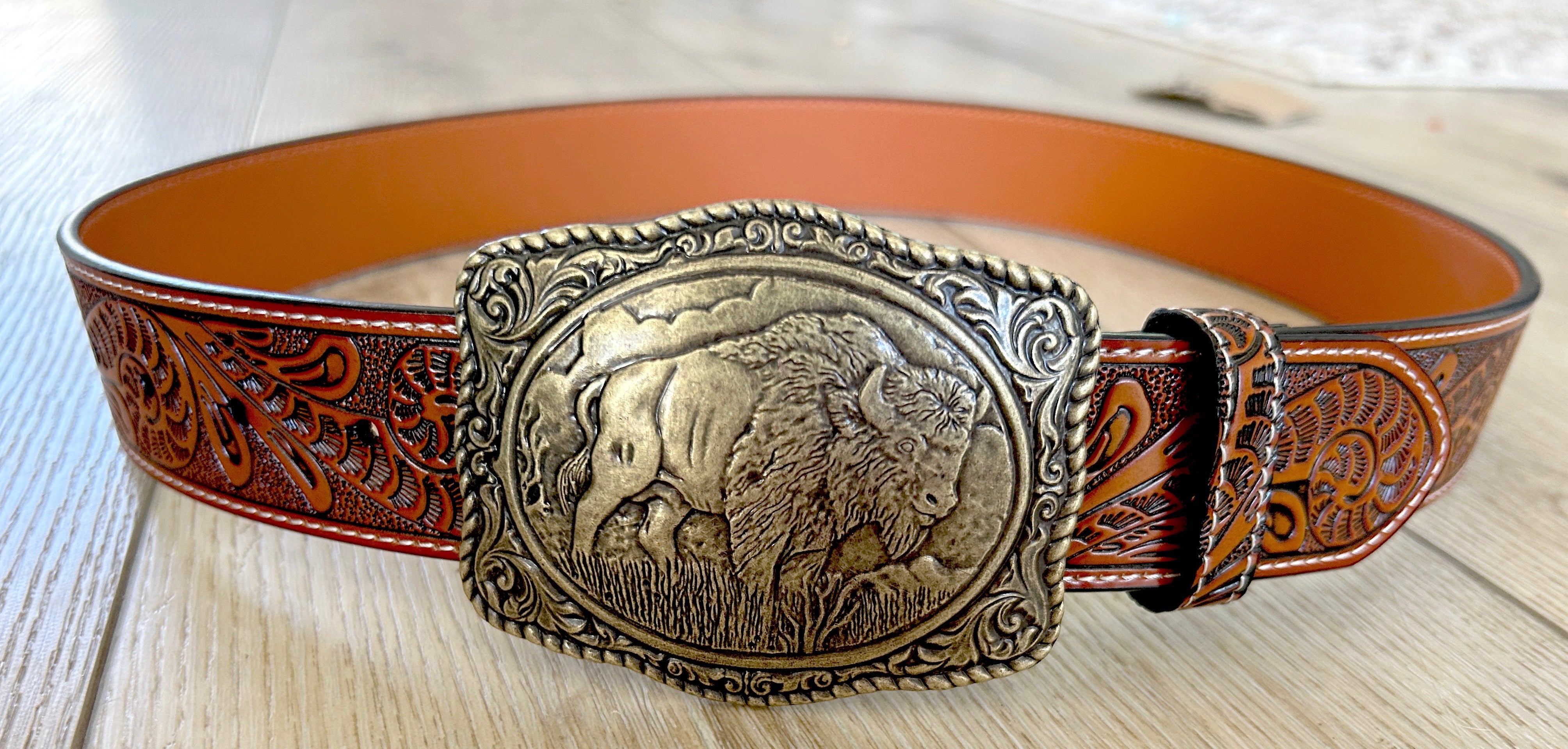 Brass Buffalo Buckle Tooled Brown Leather Belt