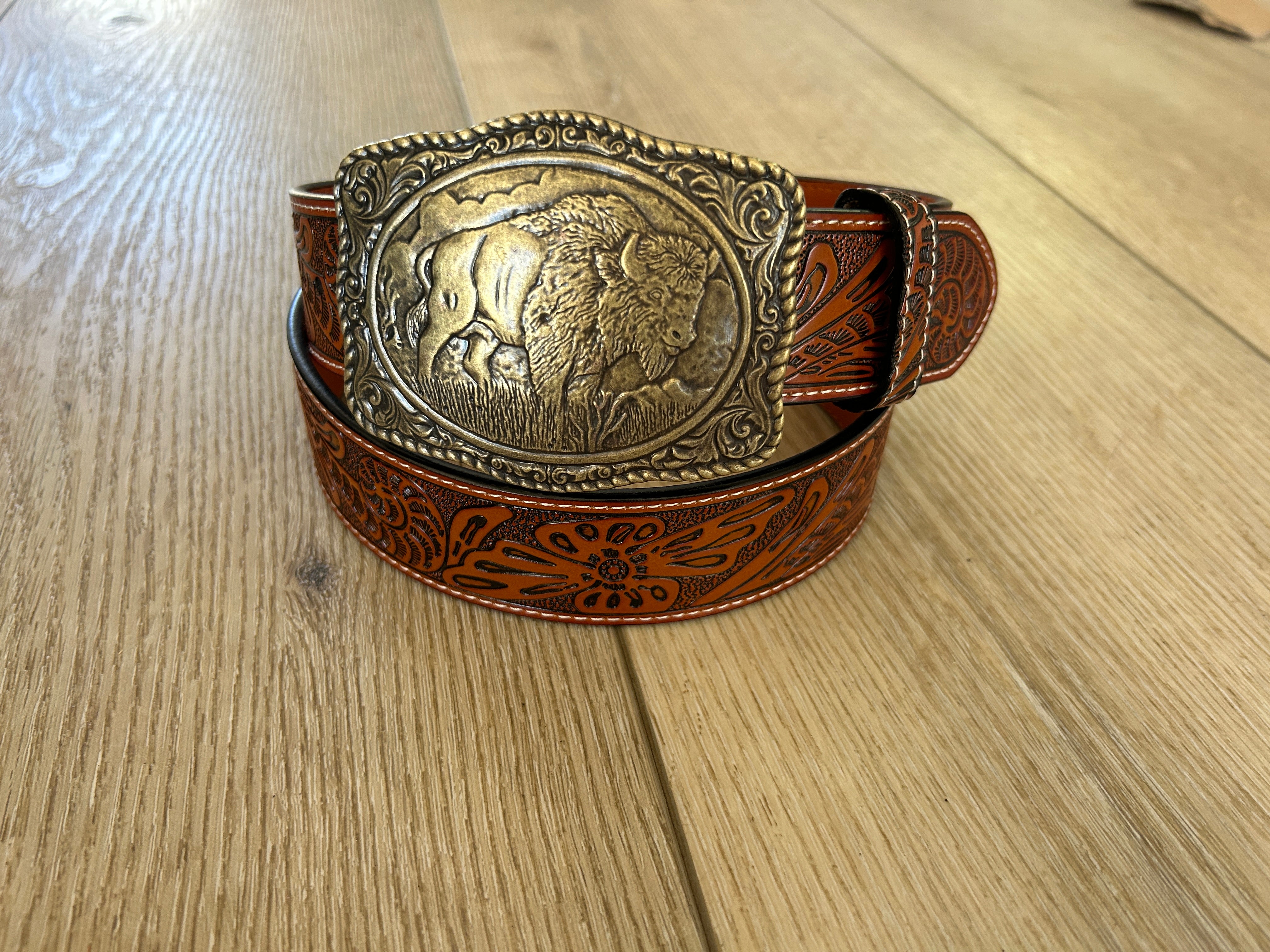 Brass Buffalo Buckle Tooled Brown Leather Belt