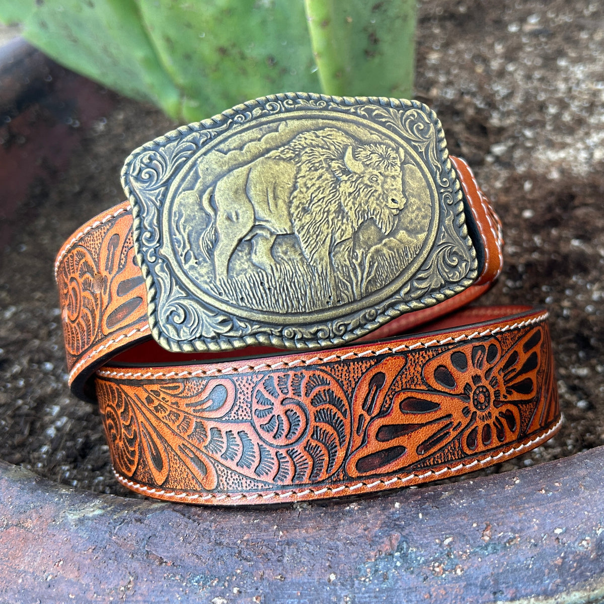 Genuine Buffalo Leather Belt with Antique Brass Buckle American Buffalo Leather Belt | Col. Littleton main image 2