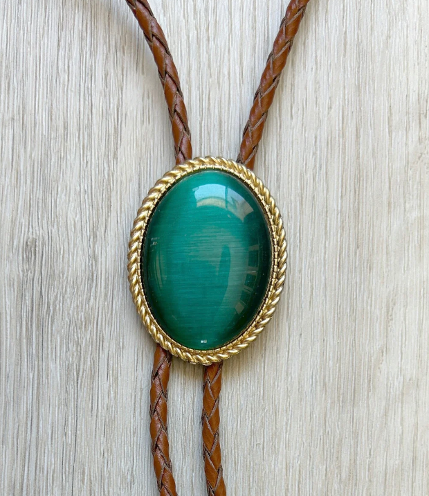 Green Stone & Gold Bolo Tie