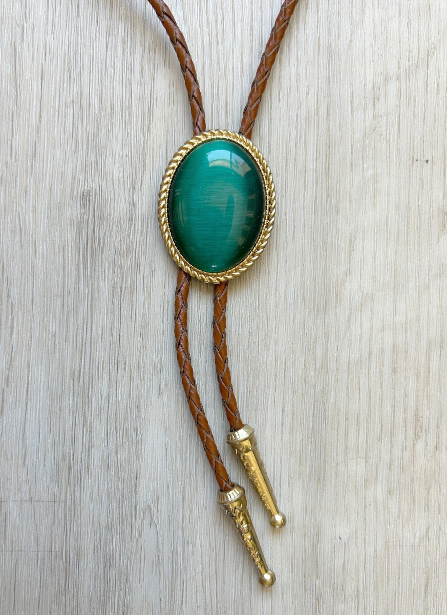 Green Stone & Gold Bolo Tie