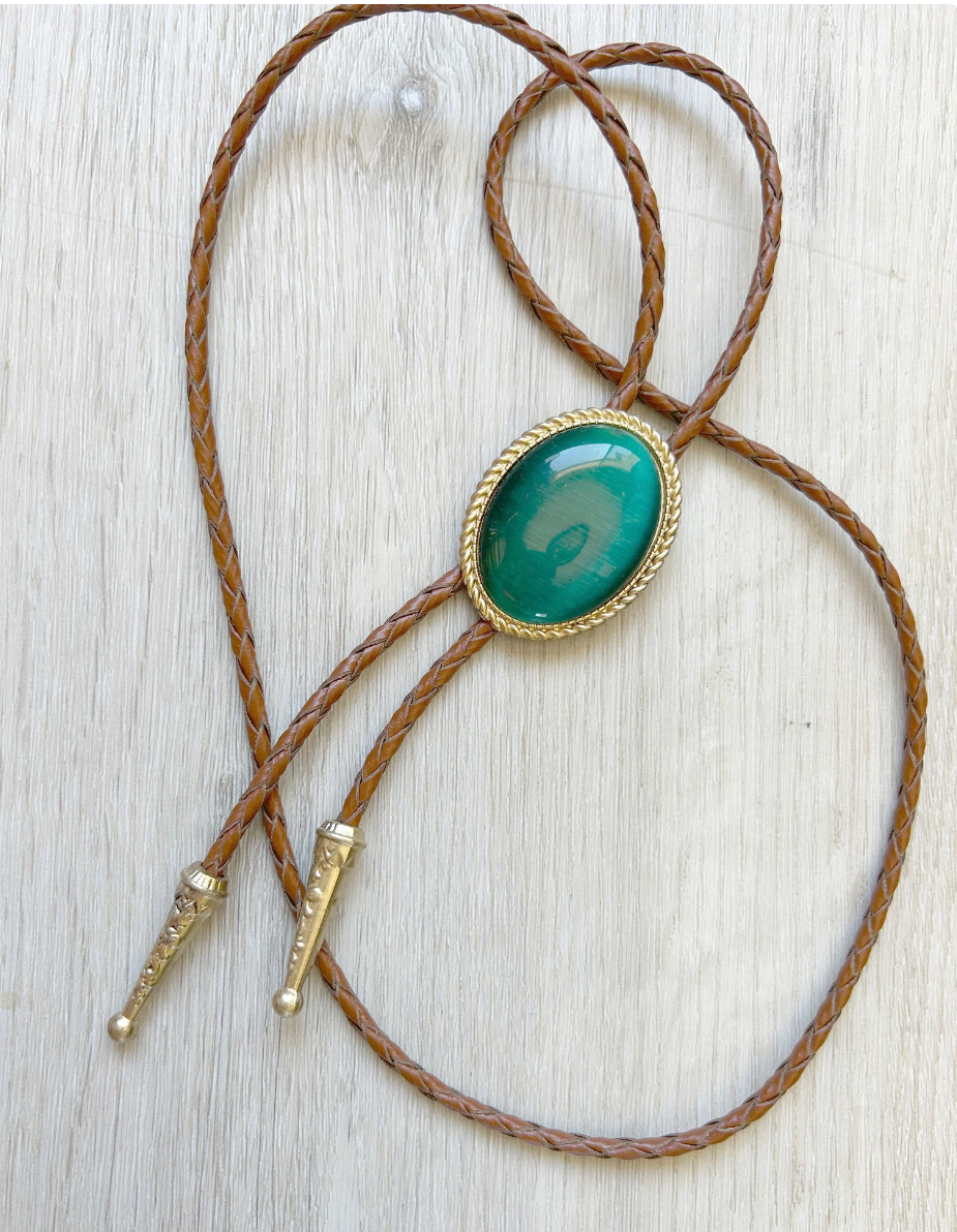 Green Stone & Gold Bolo Tie