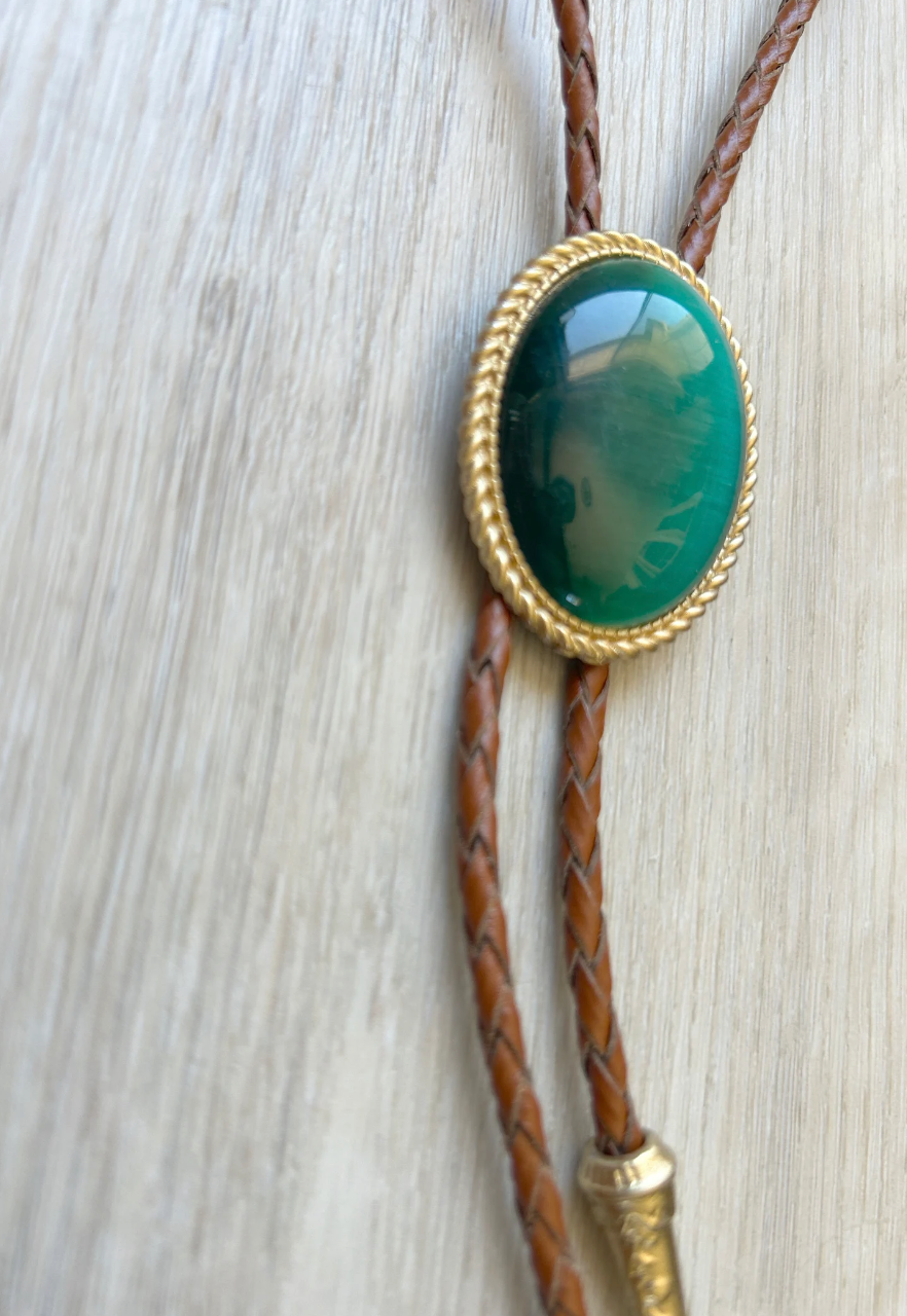 Green Stone & Gold Bolo Tie