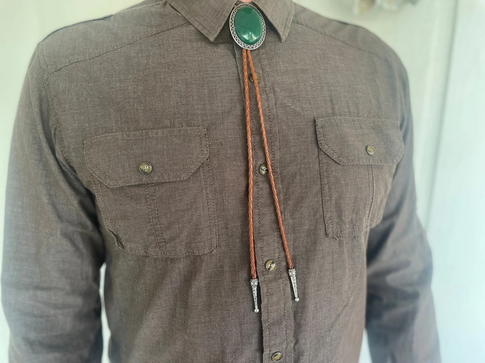 Green Stone & Silver Bolo Tie