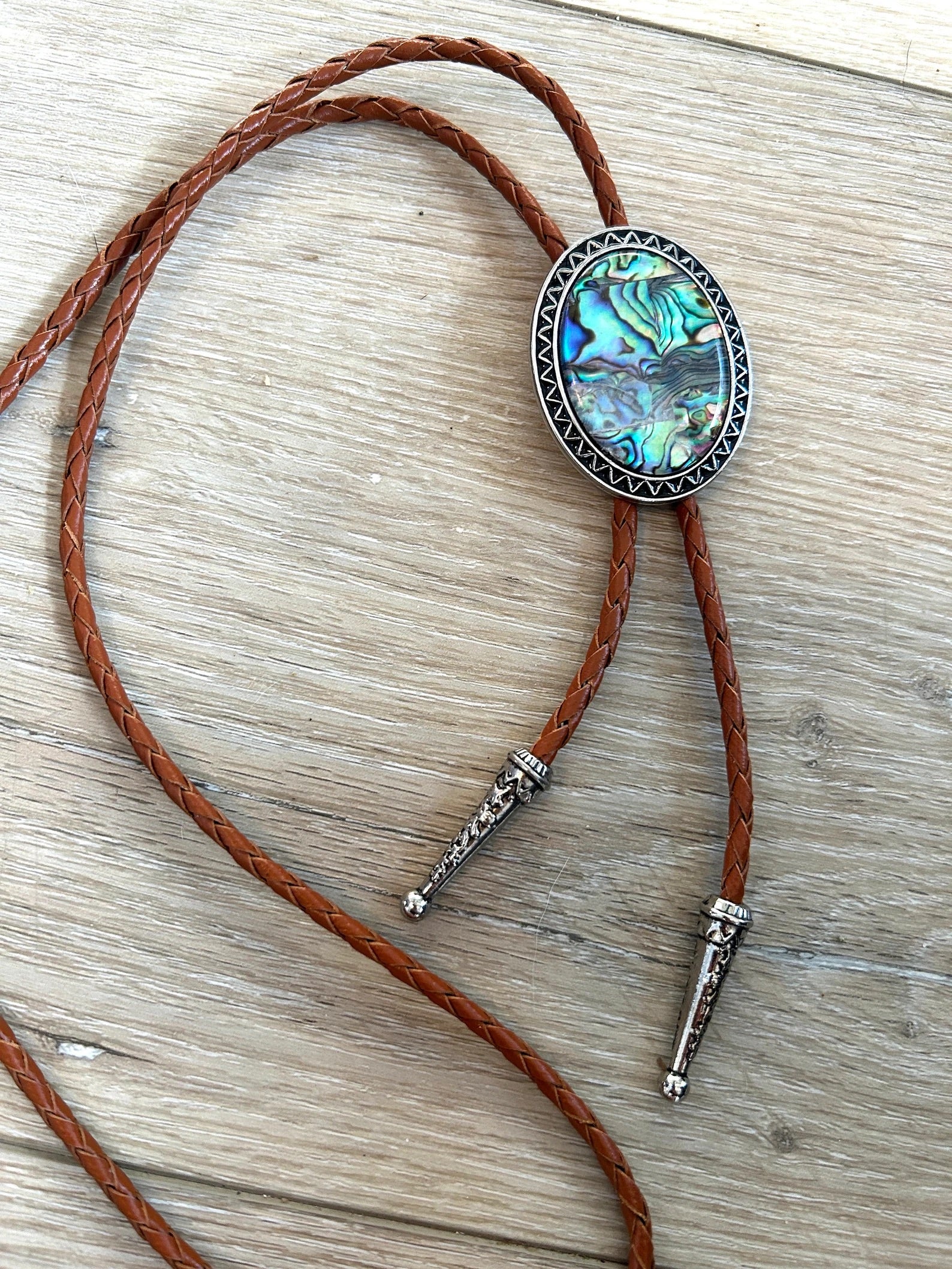 Abalone Shell Bolo Tie with Brown Cord