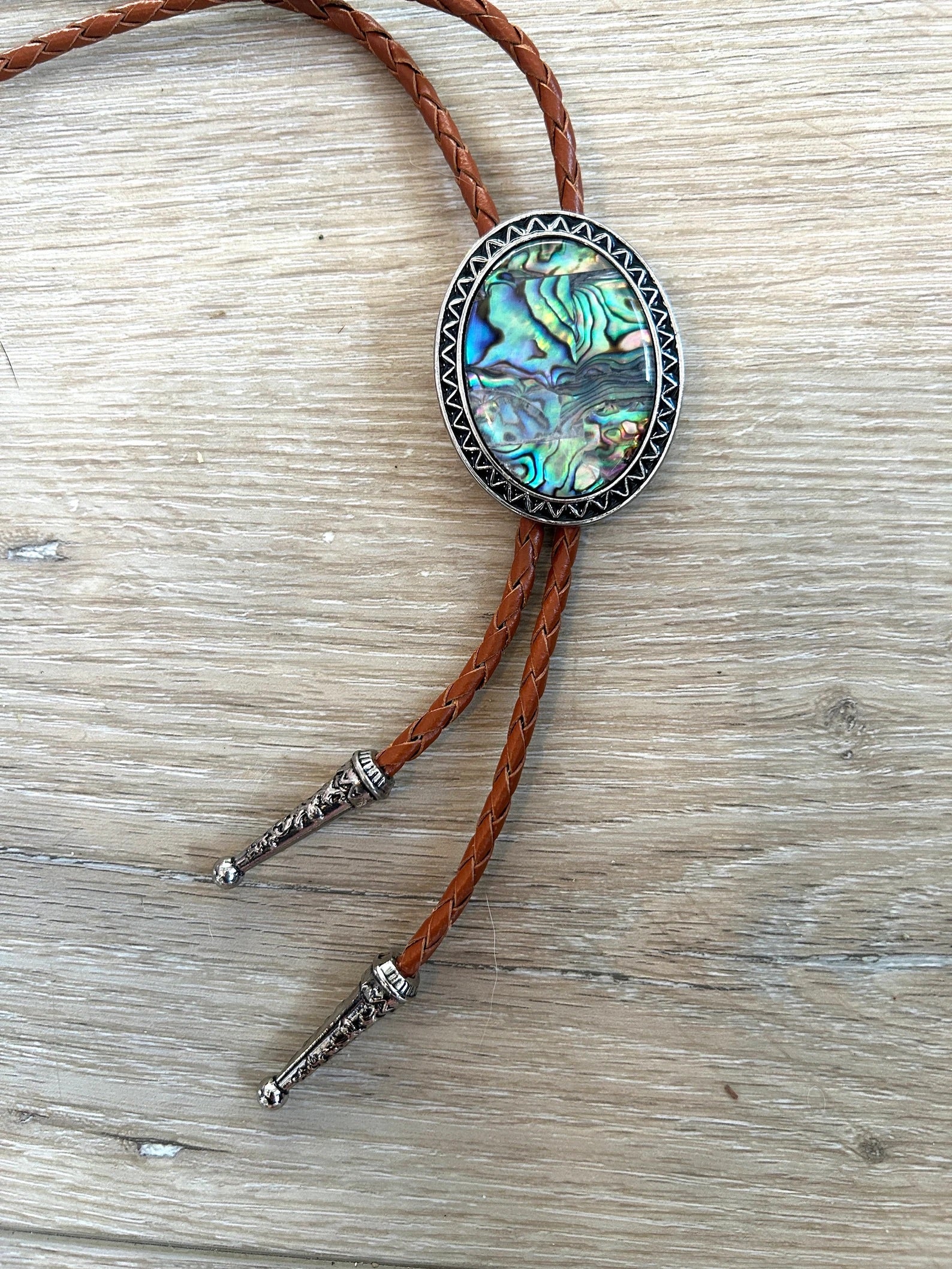 Abalone Shell Bolo Tie with Brown Cord