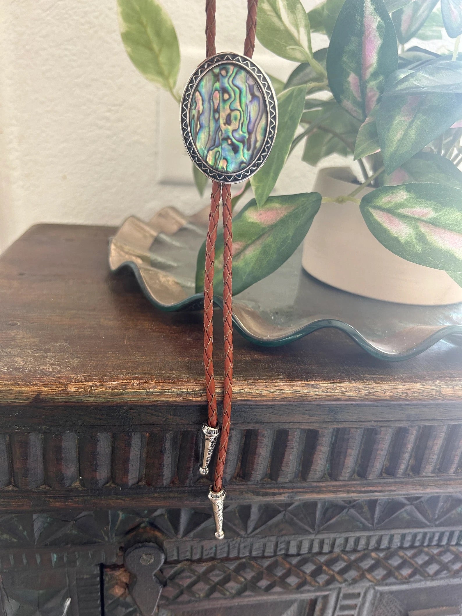 Abalone Shell Bolo Tie with Brown Cord