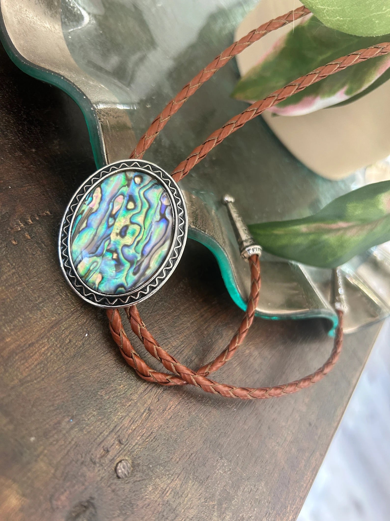 Abalone Shell Bolo Tie with Brown Cord