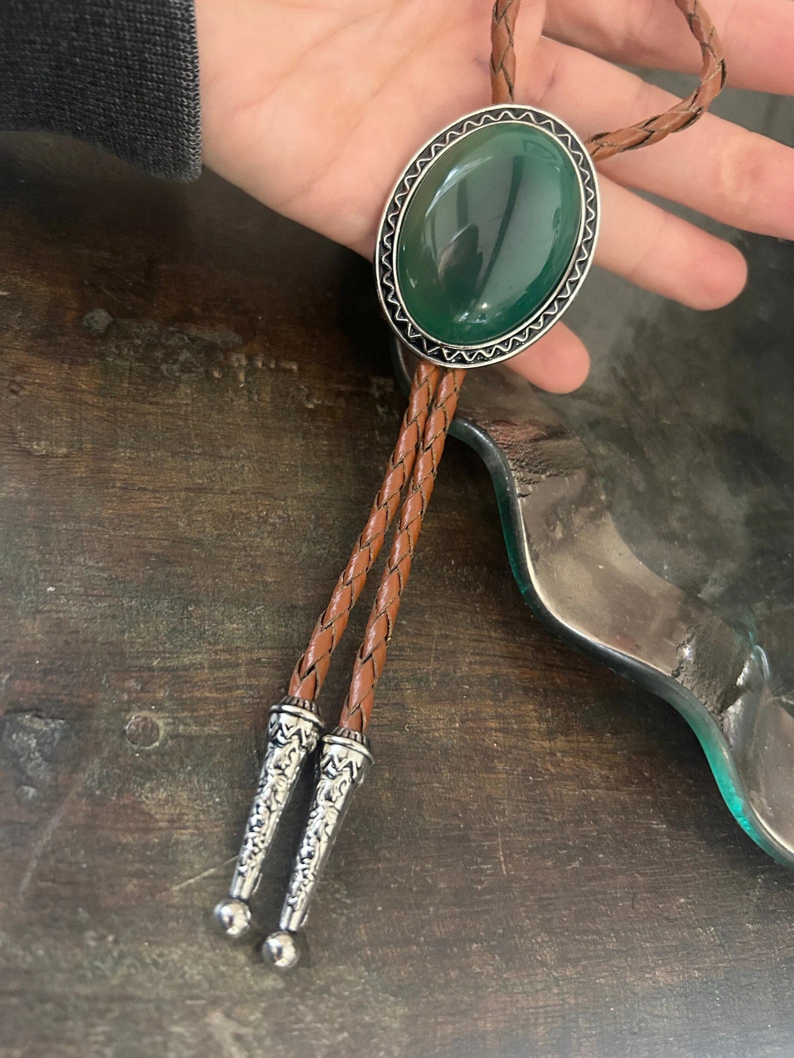 Green Stone & Silver Bolo Tie