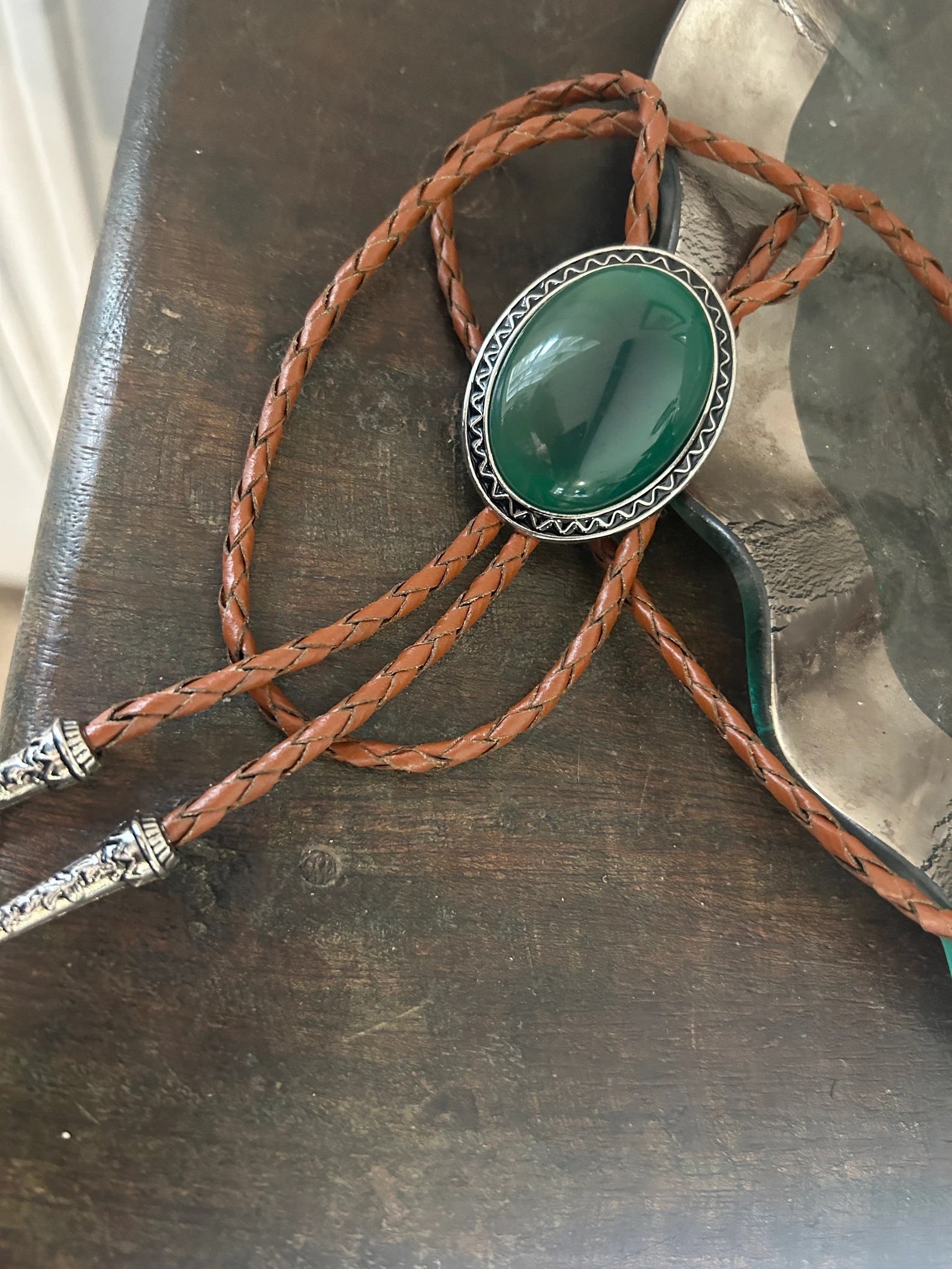 Green Stone & Silver Bolo Tie