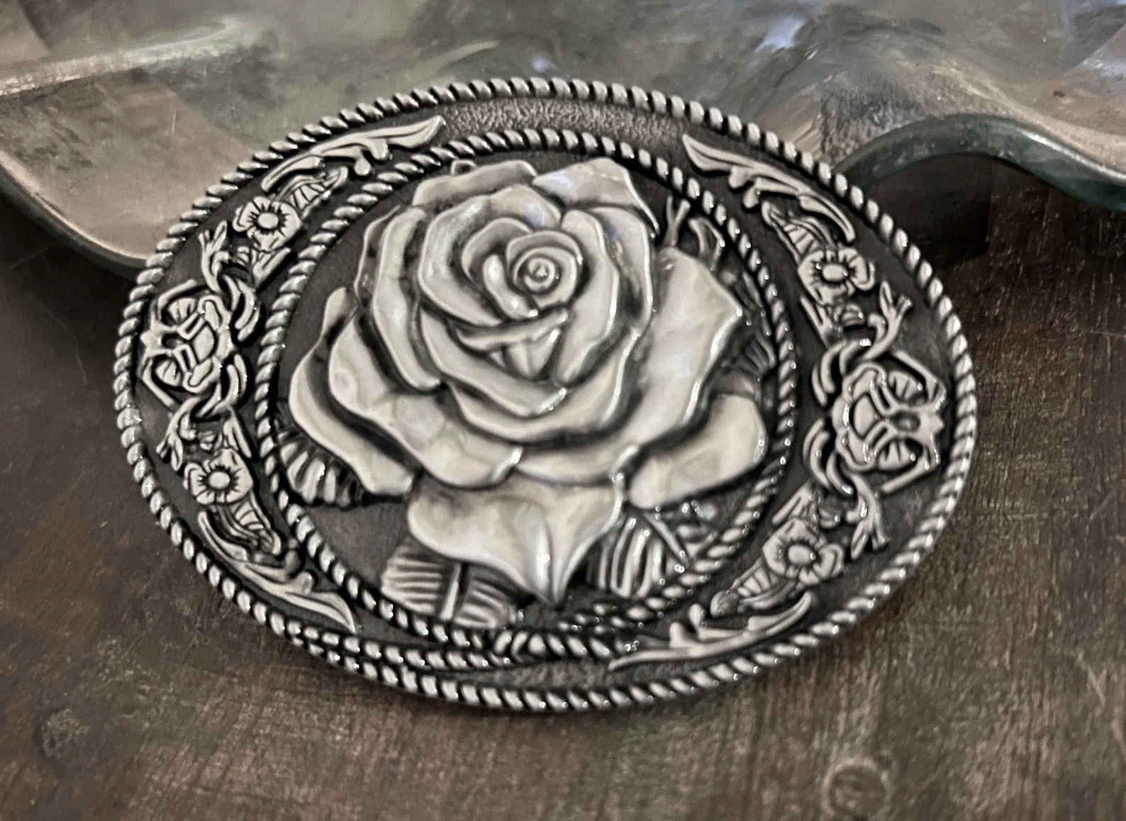 Western Rose Belt Buckle - Brass or Silver