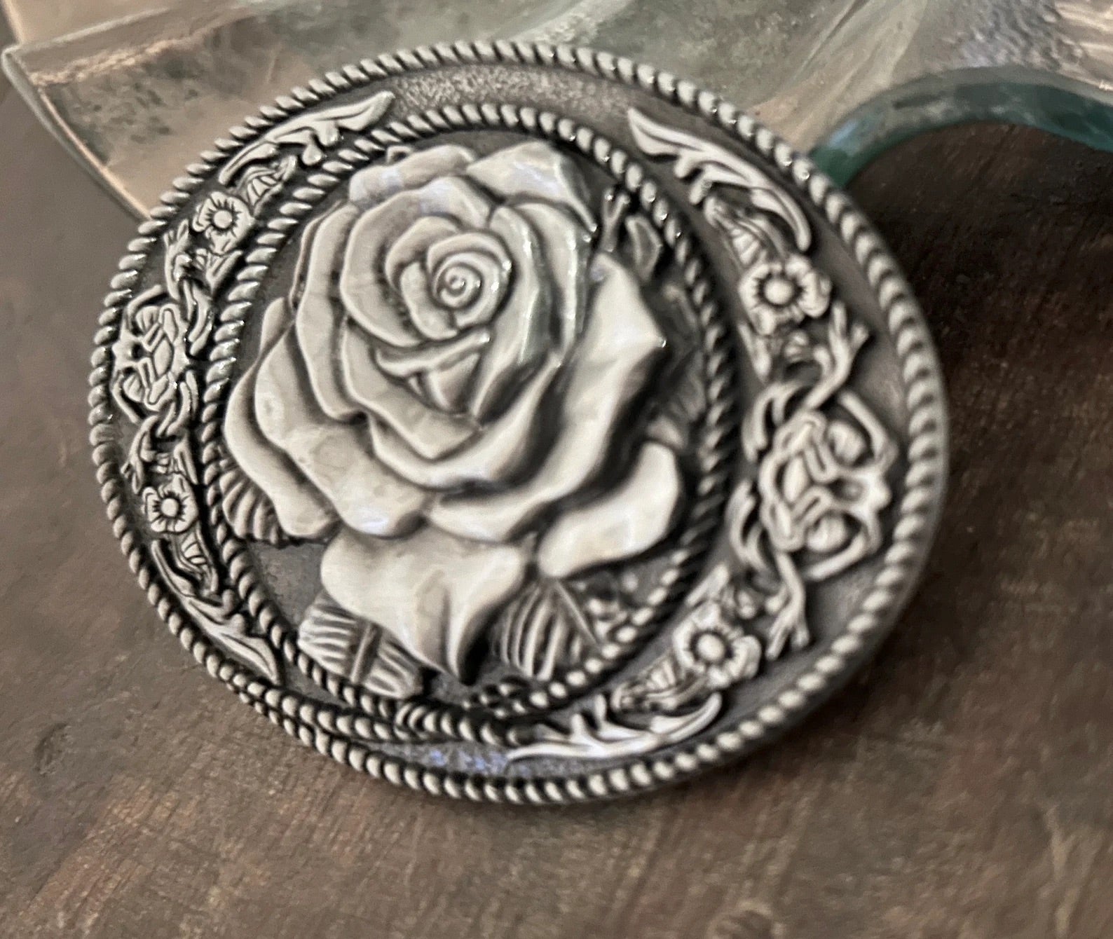 Western Rose Belt Buckle - Brass or Silver