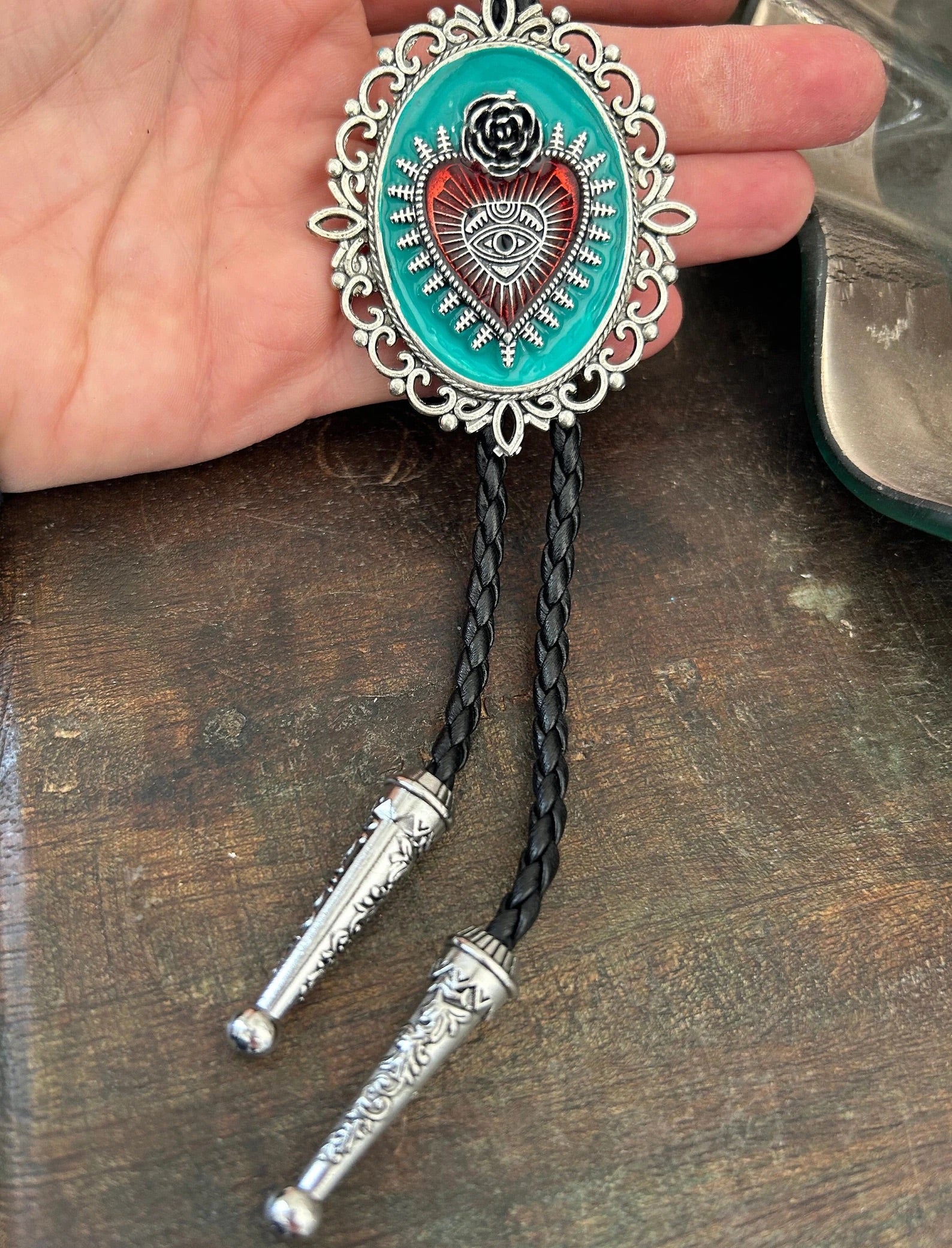 Sacred Heart on turquoise Rose Bolo Tie