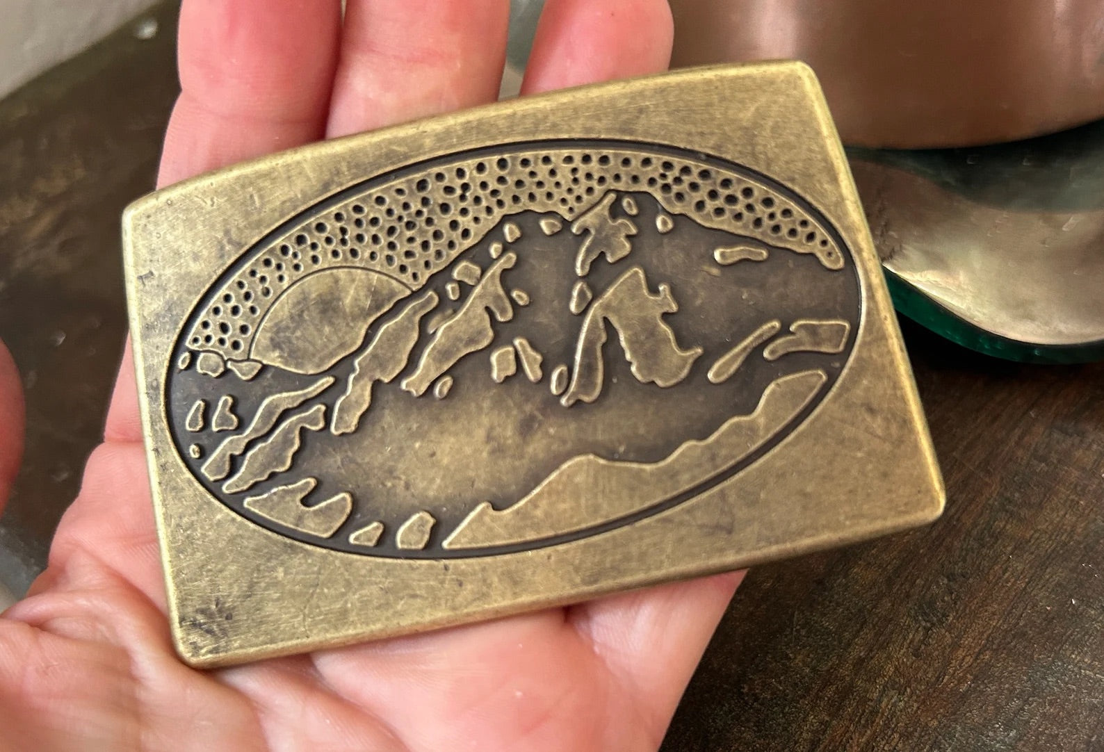 Vintage Handmade Brass Mountain Belt Buckle