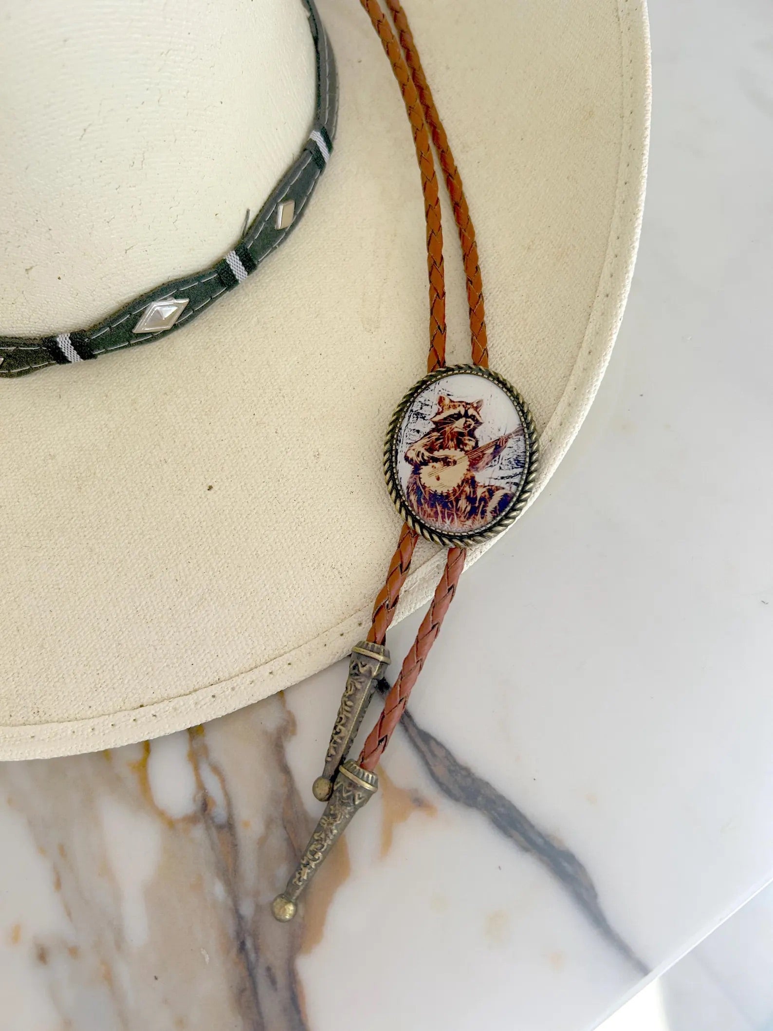 Banjo Raccoon Bolo Tie - White Background