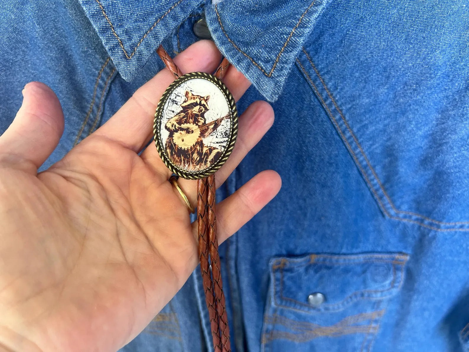 Banjo Raccoon Bolo Tie - White Background