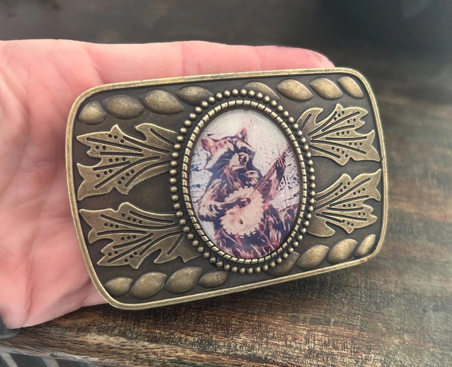 Rectangle Banjo Raccoon Belt Buckle