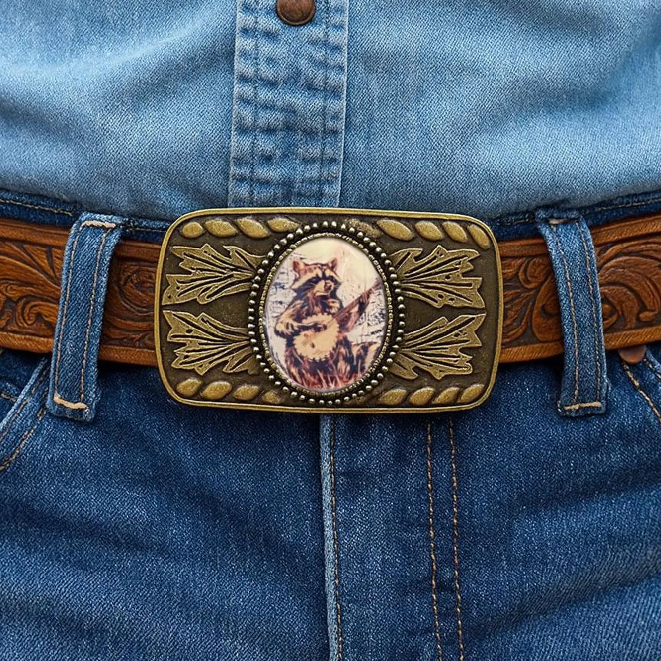 Rectangle Banjo Raccoon Belt Buckle